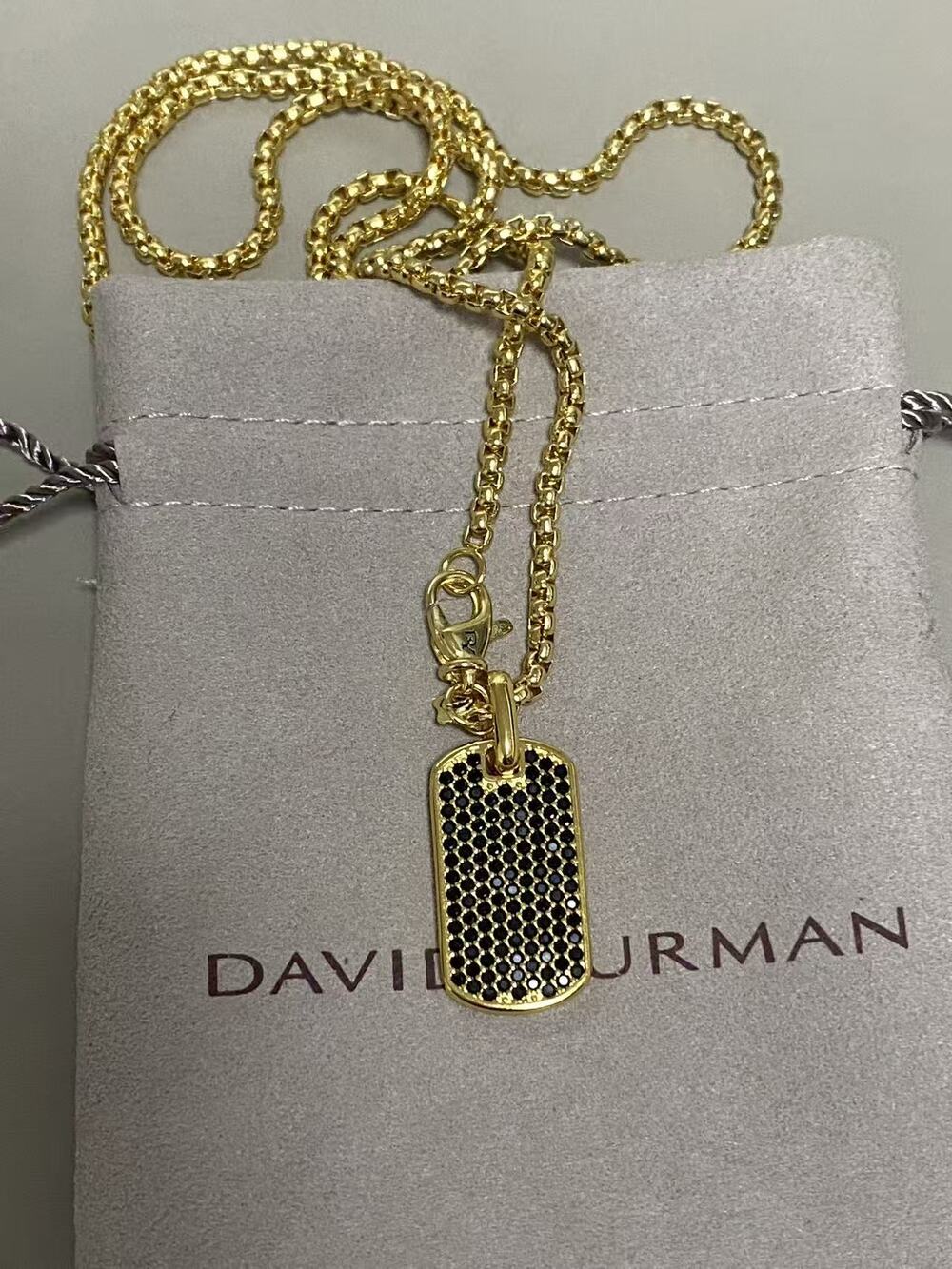 David Yurman Gold Tone Dog Tag Pendant Necklace with Black Pavé Stones